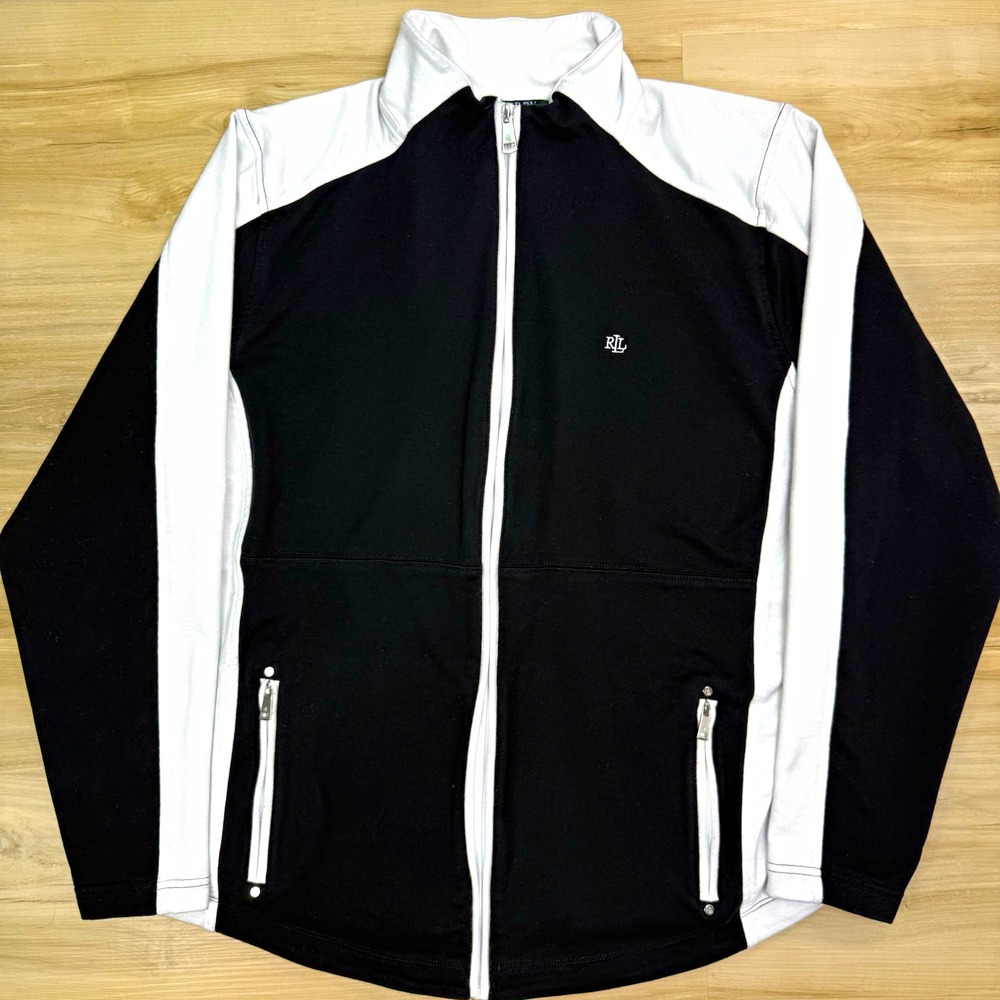 Lauren Ralph Lauren Womens 2X Jacket Full Zip Track Sweatshirt Black White RLL